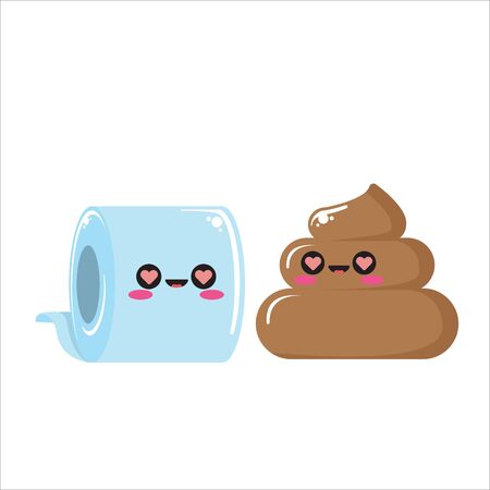 vector toilet paper and poo character set isolated on white background. Funky kawaii tolet paper roll and cute little poop collectionのイラスト素材