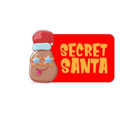 Secret santa claus label with funky brown cute little kawaii santa claus potato cartoon characters with red santa hat isolated on white background. Secret santa party label or logoのイラスト素材