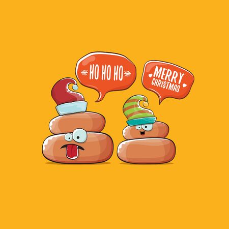 Funky christmas hand drawn greeting card. vector funny cartoon cool tiny brown poo character with santa red and his poo elf friend isolated on orange background,のイラスト素材