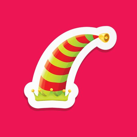 vector funky cartoon cute christmas elf hat isolated on pink background. vector kids colorful elf hat sticker, icon or label . Christmas decorative design element for banner, flyer or posterのイラスト素材