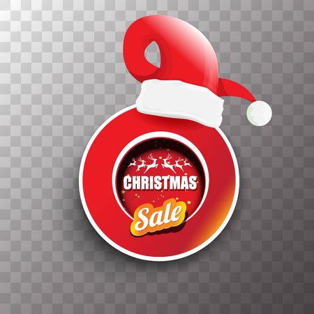 vector Christmas sales tag or label with red santa hat isolated on transparent background. Red winter Christmas sale poster or backgroundのイラスト素材