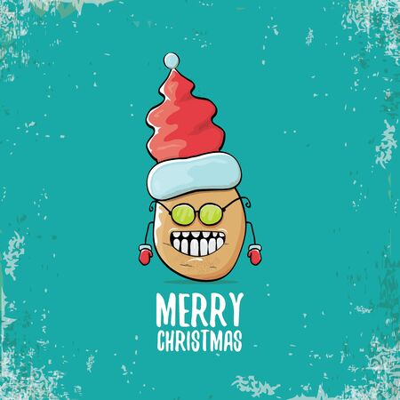 vector funky comic cartoon cute smiling santa claus potato character with red santa hat and calligraphic merry christmas text isolated on turquoise background. vegetable funky christmas food characterのイラスト素材