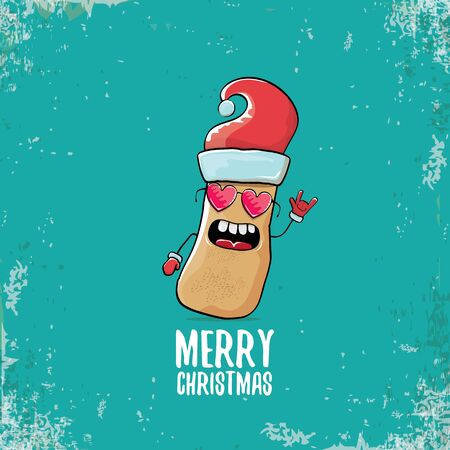 vector funky comic cartoon cute smiling santa claus potato character with red santa hat and calligraphic merry christmas text isolated on turquoise background. vegetable funky christmas food characterのイラスト素材