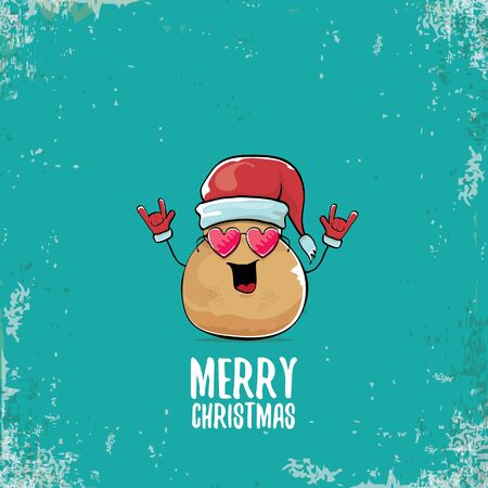 vector funky comic cartoon cute smiling santa claus potato character with red santa hat and calligraphic merry christmas text isolated on turquoise background. vegetable funky christmas food characterのイラスト素材