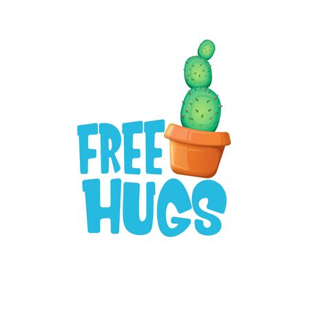 Free hugs text and cartoon green cactus in pot white on violet background. funny houseplant icon with quote or slogan for print on tee. International free hugs day conceptのイラスト素材