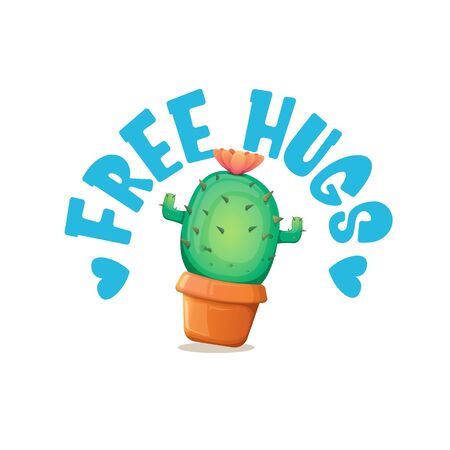 Free hugs text and cartoon green cactus in pot white on violet background. funny houseplant icon with quote or slogan for print on tee. International free hugs day conceptのイラスト素材