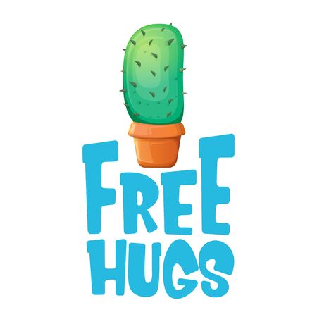 Free hugs text and cartoon green cactus in pot white on violet background. funny houseplant icon with quote or slogan for print on tee. International free hugs day conceptのイラスト素材