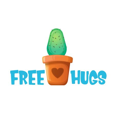 Free hugs text and cactus in pot isolated on white background. funny houseplant icon with quote or slogan for print on tee. International free hugs day conceptのイラスト素材