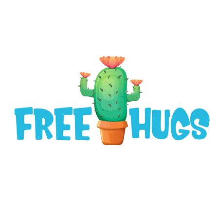 Free hugs text and cactus in pot isolated on white background. funny houseplant icon with quote or slogan for print on tee. International free hugs day conceptのイラスト素材