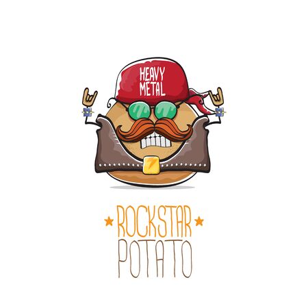 vector rock star potato funny cartoon cute character with bandana, leather jacket, sunglasses and moustache isolated on white background. rock n roll hipster vegetable funky characterのイラスト素材