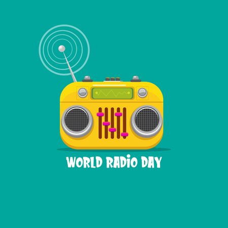 World radio day concept vector illustration with vintage old orange cassette stereo player isolated on turquoise background. Radio day banner or posterのイラスト素材