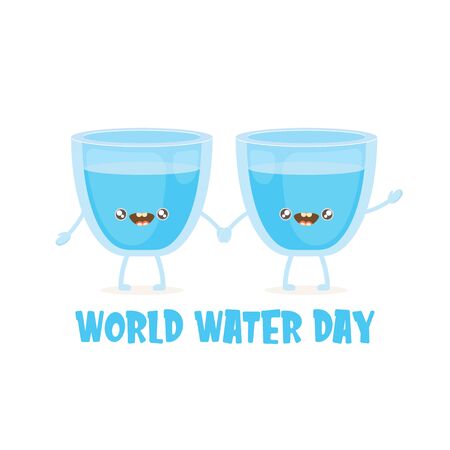 World water day greeting card or banner design template with funny cartoon smiling water glass character isolated on white background . International water day concept vector illustrationのイラスト素材