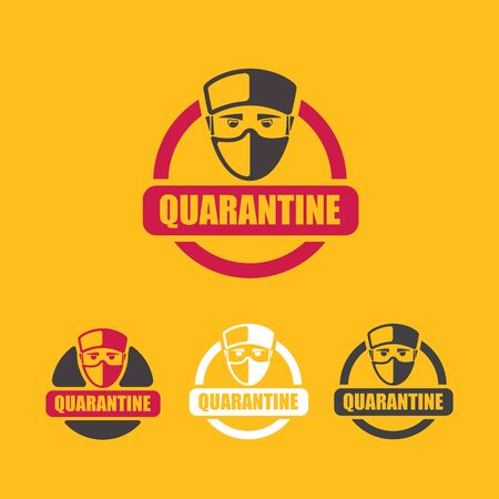 Coronavirus quarantine stickers icon set with man and medical face mask isolated on orange background. Novel coronavirus 2019-nCoV. Vector Concept of coronavirus quarantineのイラスト素材