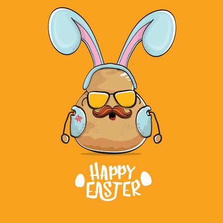 vector rock star easter potato funny cartoon character with blue bunny ears isolated on orange background. rock n roll easter party poster or happy easter greeeting cardのイラスト素材