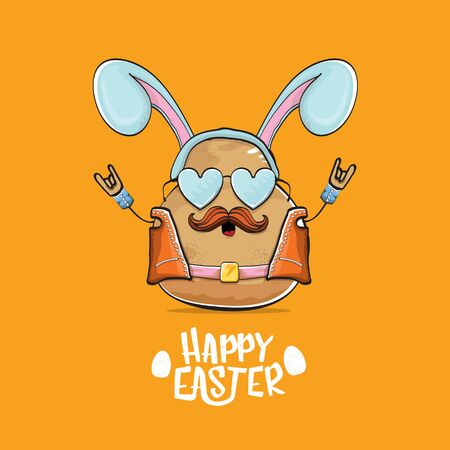 vector rock star easter potato funny cartoon character with blue bunny ears isolated on orange background. rock n roll easter party poster or happy easter greeeting cardのイラスト素材