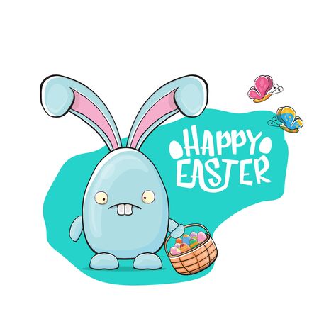 Happy easter greeting card with cute cartoon blue rabbit holding easter basket with stack of colorful eggs. Easter egg hunt hand drawn concept illustration banner.のイラスト素材