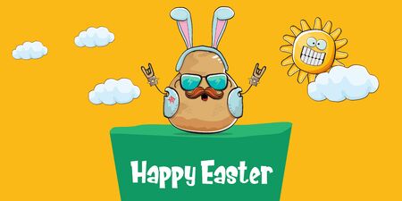 Vector rock star easter potato funny cartoon character with blue easter bunny ears isolated on orange horizontal banner background. rock n roll easter party poster or happy easter greeting cardのイラスト素材