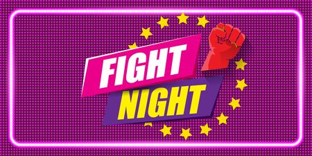 Fight night vector horizontal banner with text and strong fist. mma, wrestling or fight club emblem design template. fight label isolated on neon violet backgroundのイラスト素材