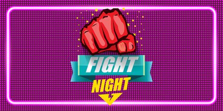 Fight night vector horizontal banner with text and strong fist. mma, wrestling or fight club emblem design template. fight label isolated on neon violet backgroundのイラスト素材