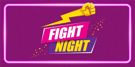 Fight night vector horizontal banner with text and strong fist. mma, wrestling or fight club emblem design template. fight label isolated on neon violet backgroundのイラスト素材