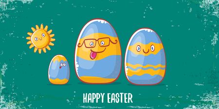 Happy easter cartoon horizontal banner with color cartoon eggs character isolate on grunge turquoise background. Vector Happy easter creative concept illustrationのイラスト素材