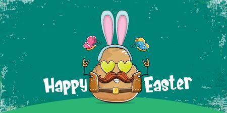Vector rock star easter potato funny cartoon character with blue easter bunny ears isolated on turquoise horizontal banner background. rock n roll easter party poster or happy easter greeting cardのイラスト素材