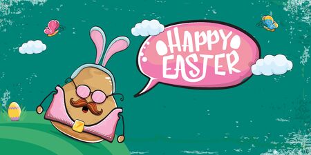 Vector rock star easter potato funny cartoon character with blue easter bunny ears isolated on turquoise horizontal banner background. rock n roll easter party poster or happy easter greeting cardのイラスト素材