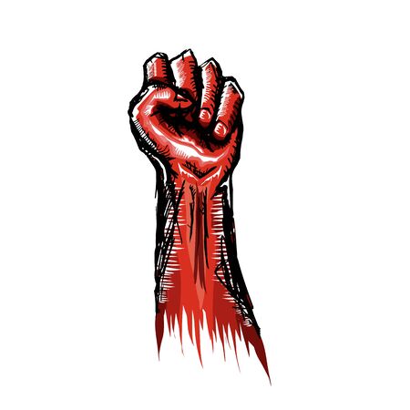 Vectro red fist isolated on white background. 1 may Labor day concept illustration with hand drawn doodle rised fist in the air. Fighter or fight club logo or poster design templateのイラスト素材