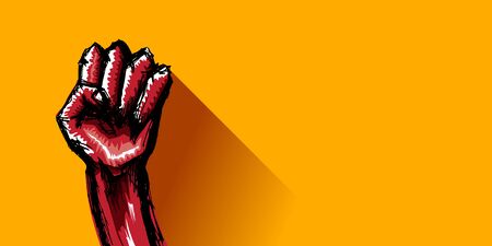 Vectro red protest fist isolated on orange horizontal banner background. 1 may Labor day concept illustration with hand drawn rised fist in the air. Mayday graphic horizontal banner design templateのイラスト素材