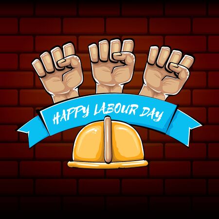 Happy labour day vector label with strong orange fist isolated on brick wall background. vector happy labor day background with man hand. red workers may day posterのイラスト素材