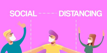 Group of three happy friends with anti virus breathing medical respiratory mask keep a social distance. Social distancing concept horizontal banner.のイラスト素材