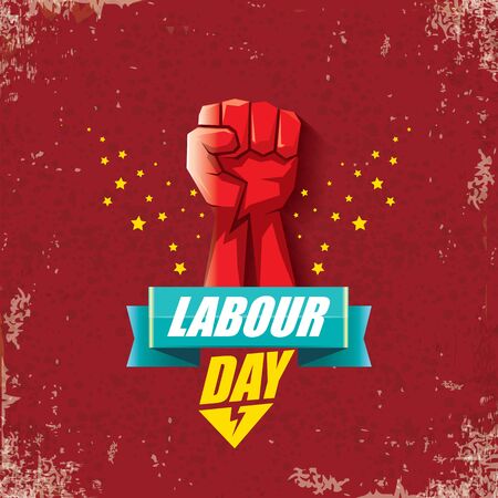1 may Happy labour day vector label with strong protest fist in the air on vintage red background. vector happy labor day background or banner with man hand. workers may day posterのイラスト素材
