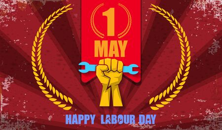 Happy labour day vector label with orange fist isolated on red rays horizontal background. vector happy labor day background or horizontal banner with man hand. red workers may day posterのイラスト素材
