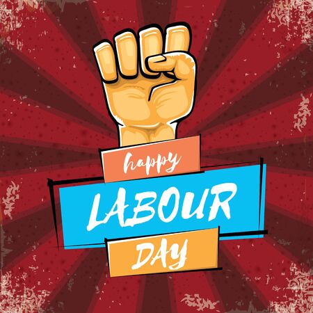 Happy labour day vector label with strong hand fist isolated on grunge red background with rays. vector happy labor day background with man hand. red workers may day poster designのイラスト素材