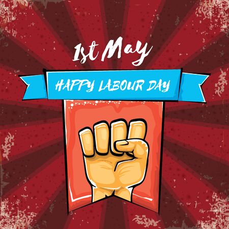 Happy labour day vector label with strong orange hand fist isolated on grunge red background with rays. vector happy labor day background with man hand. red workers may day poster designのイラスト素材