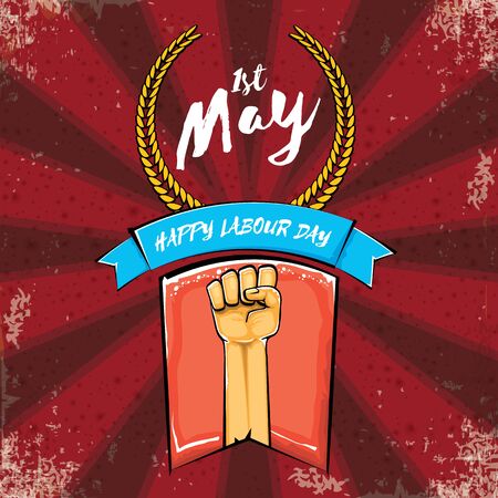 Happy labour day vector label with strong hand fist isolated on grunge red background with rays. vector happy labor day background with man hand. red workers may day poster designのイラスト素材