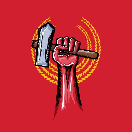Vector red protest fist holding hammer isolated on red background. 1 may Labor day concept illustration with hand drawn doodle fist with claw hammerのイラスト素材