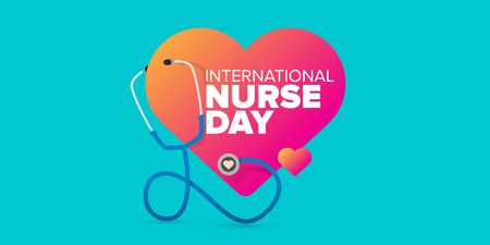 vector international nurse day greeting card or horizontal banner with stethoscope isolated on azure background. vector nurses day icon or sign design templateのイラスト素材