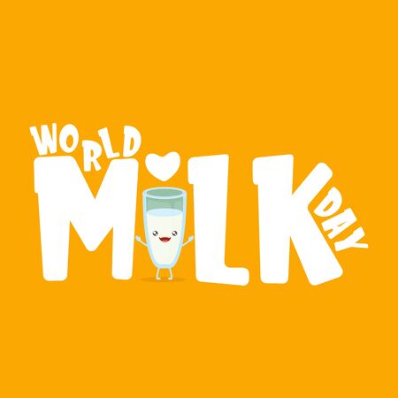 World milk day greeting banner with funny cartoon cute smiling milk glass character isolated on azure background. Happy milk day concept illustration with Kids kawaii food funky character.のイラスト素材