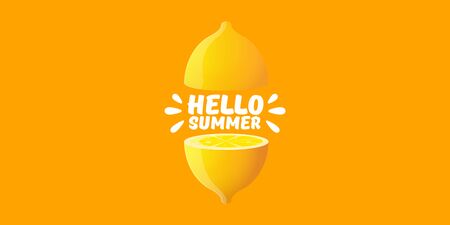Vector Hello Summer Beach Party horizontal banner Design template with fresh lemon isolated on orange background. Hello summer concept label or poster with orange fruit and typographic text.のイラスト素材
