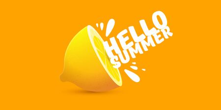 Vector Hello Summer Beach Party horizontal banner Design template with fresh lemon isolated on orange background. Hello summer concept label or poster with orange fruit and typographic text.のイラスト素材