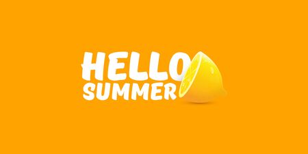 Vector Hello Summer Beach Party horizontal banner Design template with fresh lemon isolated on orange background. Hello summer concept label or poster with orange fruit and typographic text.のイラスト素材