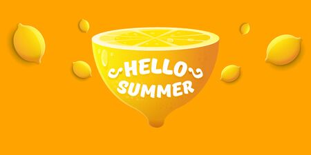 Vector Hello Summer Beach Party horizontal banner Design template with fresh lemon isolated on orange background. Hello summer concept label or poster with orange fruit and typographic text.のイラスト素材