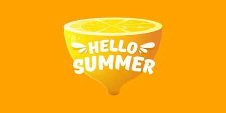 Vector Hello Summer Beach Party horizontal banner Design template with fresh lemon isolated on orange background. Hello summer concept label or poster with orange fruit and typographic text.のイラスト素材