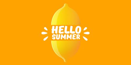 Vector Hello Summer Beach Party horizontal banner Design template with fresh lemon isolated on orange background. Hello summer concept label or poster with orange fruit and typographic text.のイラスト素材