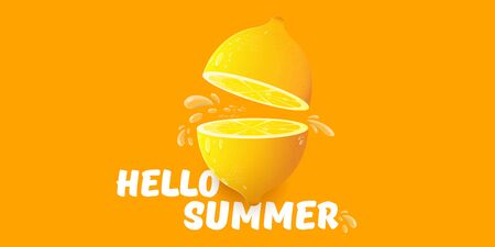 Vector Hello Summer Beach Party horizontal banner Design template with fresh lemon isolated on orange background. Hello summer concept label or poster with orange fruit and typographic text.のイラスト素材