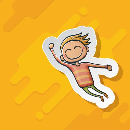 Cartoon cute funny boy isolated on orange background, Cartoon happy children with funny hair. 1 june international childrens day background with little smiling baby boyのイラスト素材