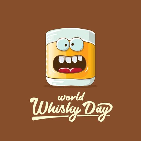 World Whisky Day banner with vector funny cartoon smiling whiskey glass character isolated on brown backgound. whiskey day vector concept illustration. funky hipster alcohol character labelのイラスト素材