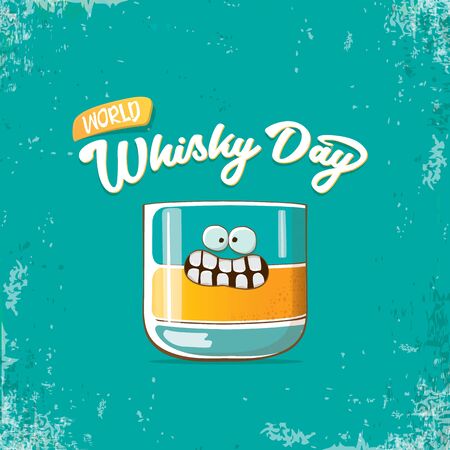 World Whisky Day banner with vector funny cartoon smiling whiskey glass character isolated on grunge backgound. whiskey day vector concept illustration. funky hipster alcohol character labelのイラスト素材