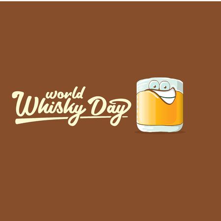 World Whisky Day banner with vector funny cartoon smiling whiskey glass character isolated on brown backgound. whiskey day vector concept illustration. funky hipster alcohol character labelのイラスト素材